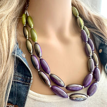 Load image into Gallery viewer, Metallic Mermaid Bubble Necklace, multi strand colorful jewelry, big beaded chunky statement necklace, purple jewel tone silver green