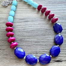 Load image into Gallery viewer, Bejeweled Purple 1 Strand Necklace, blue Necklace, pink aqua jewelry, magenta chunky statement necklace OOAK, emerald turquoise