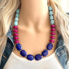 Load image into Gallery viewer, Bejeweled Purple 1 Strand Necklace, blue Necklace, pink aqua jewelry, magenta chunky statement necklace OOAK, emerald turquoise