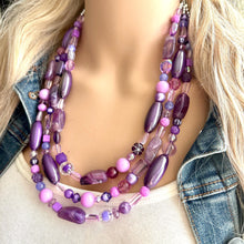 Load image into Gallery viewer, Purple Ombré statement necklace, chunky bib necklace, beaded jewelry lavender necklace, three strand deep purple jewelry eggplant