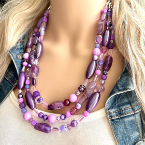 Purple Ombré statement necklace, chunky bib necklace, beaded jewelry lavender necklace, three strand deep purple jewelry eggplant