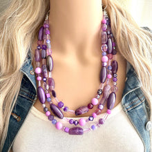 Load image into Gallery viewer, Purple Ombré statement necklace, chunky bib necklace, beaded jewelry lavender necklace, three strand deep purple jewelry eggplant