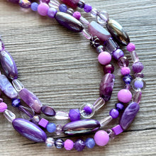 Load image into Gallery viewer, Purple Ombré statement necklace, chunky bib necklace, beaded jewelry lavender necklace, three strand deep purple jewelry eggplant