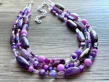 Load image into Gallery viewer, Purple Ombré statement necklace, chunky bib necklace, beaded jewelry lavender necklace, three strand deep purple jewelry eggplant