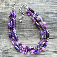 Load image into Gallery viewer, Purple Ombré statement necklace, chunky bib necklace, beaded jewelry lavender necklace, three strand deep purple jewelry eggplant