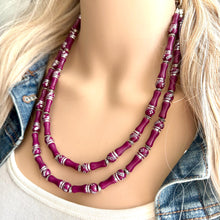 Load image into Gallery viewer, Dark Pink Raspberry chunky statement necklace, big beaded chunky jewelry, double strand jewelry, dark pink necklace, magenta necklace