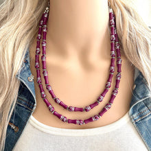 Load image into Gallery viewer, Dark Pink Raspberry chunky statement necklace, big beaded chunky jewelry, double strand jewelry, dark pink necklace, magenta necklace