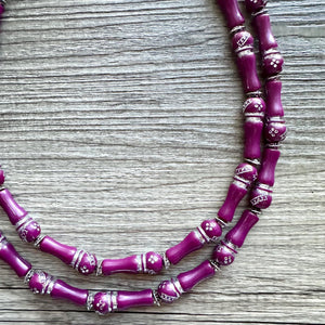 Dark Pink Raspberry chunky statement necklace, big beaded chunky jewelry, double strand jewelry, dark pink necklace, magenta necklace