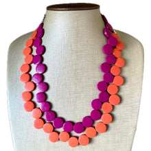 Load image into Gallery viewer, Summer Nights Statement Necklace, fall colors Hot Orange Necklace, Magenta Pink 1 Strand Statement necklace, vintage wood chunky