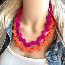 Load image into Gallery viewer, Summer Nights Statement Necklace, fall colors Hot Orange Necklace, Magenta Pink 1 Strand Statement necklace, vintage wood chunky