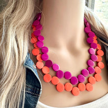 Load image into Gallery viewer, Summer Nights Statement Necklace, fall colors Hot Orange Necklace, Magenta Pink 1 Strand Statement necklace, vintage wood chunky