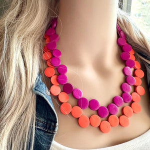 Summer Nights Statement Necklace, fall colors Hot Orange Necklace, Magenta Pink 1 Strand Statement necklace, vintage wood chunky