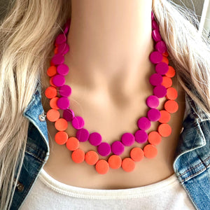 Summer Nights Statement Necklace, fall colors Hot Orange Necklace, Magenta Pink 1 Strand Statement necklace, vintage wood chunky