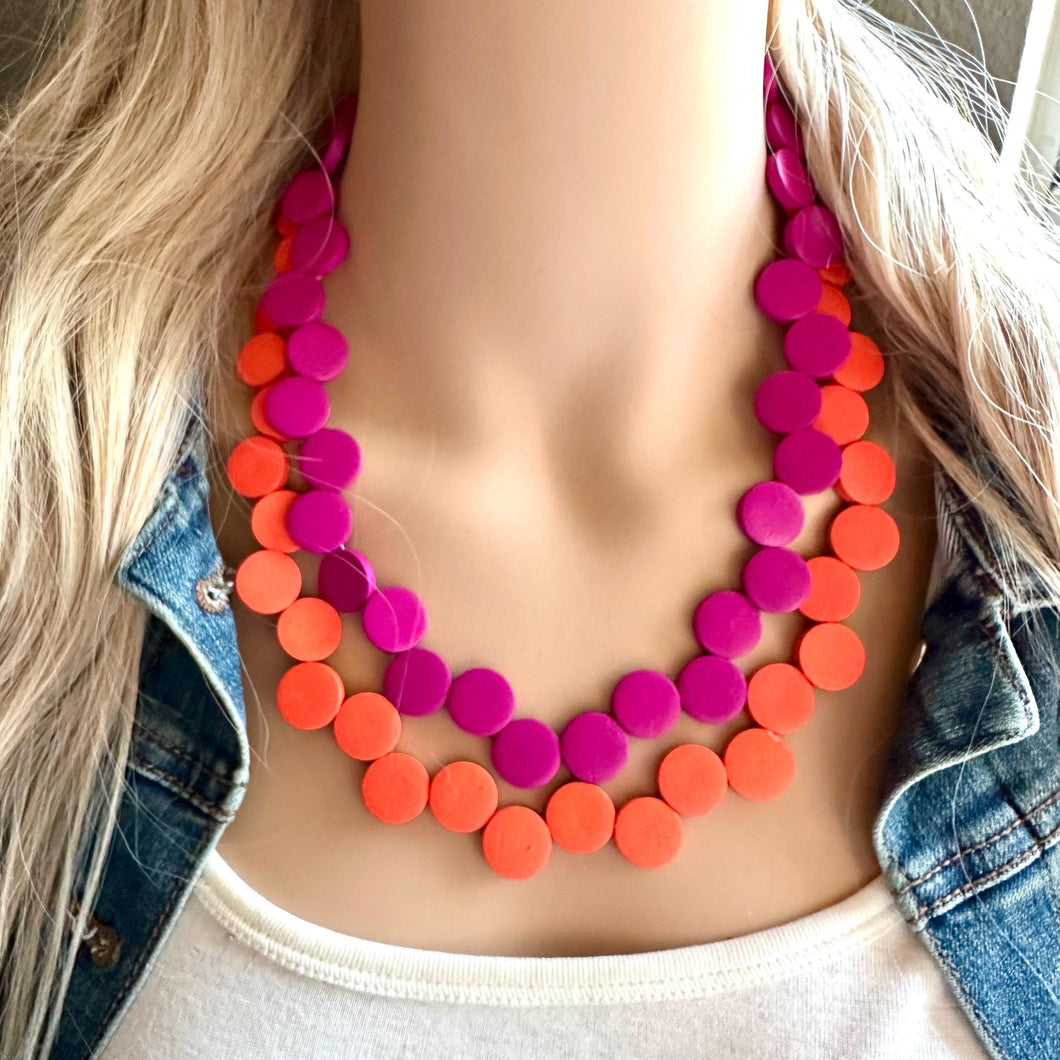 Summer Nights Statement Necklace, fall colors Hot Orange Necklace, Magenta Pink 1 Strand Statement necklace, vintage wood chunky