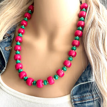 Load image into Gallery viewer, Pink &amp; Green Chunky Statement Necklace, Big beaded jewelry, Single Strand Statement Necklace, Bib necklace, magenta hot pink geometric