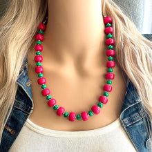 Load image into Gallery viewer, Pink &amp; Green Chunky Statement Necklace, Big beaded jewelry, Single Strand Statement Necklace, Bib necklace, magenta hot pink geometric