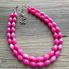 Load image into Gallery viewer, Hot Pink Statement jewelry set, Chunky Beaded Necklace Jewelry, dark pink Necklace, magenta beaded necklace, earrings pink set double strand