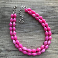 Load image into Gallery viewer, Hot Pink Statement jewelry set, Chunky Beaded Necklace Jewelry, dark pink Necklace, magenta beaded necklace, earrings pink set double strand