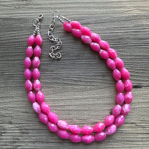 Hot Pink Statement jewelry set, Chunky Beaded Necklace Jewelry, dark pink Necklace, magenta beaded necklace, earrings pink set double strand