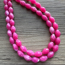 Load image into Gallery viewer, Hot Pink Statement jewelry set, Chunky Beaded Necklace Jewelry, dark pink Necklace, magenta beaded necklace, earrings pink set double strand