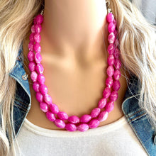 Load image into Gallery viewer, Hot Pink Statement jewelry set, Chunky Beaded Necklace Jewelry, dark pink Necklace, magenta beaded necklace, earrings pink set double strand