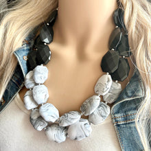 Load image into Gallery viewer, Black White &amp; Gray Big Bead Necklace, Statement Jewelry, neutral silver Chunky bib, bridesmaids necklace, wedding bridesmaid necklace