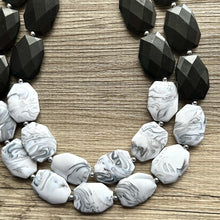 Load image into Gallery viewer, Black White &amp; Gray Big Bead Necklace, Statement Jewelry, neutral silver Chunky bib, bridesmaids necklace, wedding bridesmaid necklace