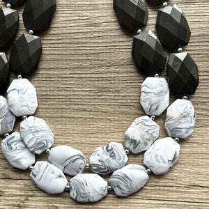 Black White & Gray Big Bead Necklace, Statement Jewelry, neutral silver Chunky bib, bridesmaids necklace, wedding bridesmaid necklace