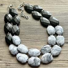 Load image into Gallery viewer, Black White &amp; Gray Big Bead Necklace, Statement Jewelry, neutral silver Chunky bib, bridesmaids necklace, wedding bridesmaid necklace