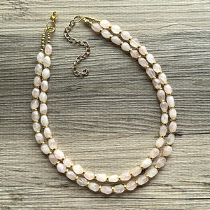 Double Strand Rose Quartz Necklace, gold Statement Jewelry, gemstone necklace, layering bridesmaid, everyday crystal jewelry formal