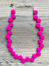 Load image into Gallery viewer, Pink Painted Wood Chunky Statement Necklace, layering jewelry beaded hot pink 1 strand purple, magenta geometric ball beaded bubblegum