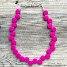 Load image into Gallery viewer, Pink Painted Wood Chunky Statement Necklace, layering jewelry beaded hot pink 1 strand purple, magenta geometric ball beaded bubblegum