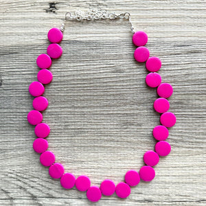 Pink Painted Wood Chunky Statement Necklace, layering jewelry beaded hot pink 1 strand purple, magenta geometric ball beaded bubblegum