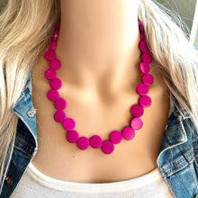 Load image into Gallery viewer, Pink Painted Wood Chunky Statement Necklace, layering jewelry beaded hot pink 1 strand purple, magenta geometric ball beaded bubblegum