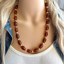 Load image into Gallery viewer, Brown Translucent Glass Statement Necklace, Chunky Beaded Necklace, brown beaded necklace, 1 single strand, dark deep OOAK gold layering