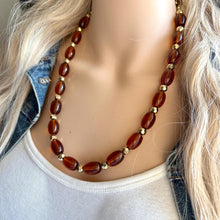 Load image into Gallery viewer, Brown Translucent Glass Statement Necklace, Chunky Beaded Necklace, brown beaded necklace, 1 single strand, dark deep OOAK gold layering