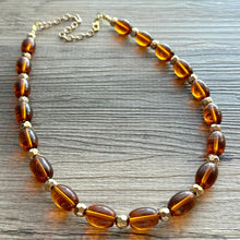 Load image into Gallery viewer, Brown Translucent Glass Statement Necklace, Chunky Beaded Necklace, brown beaded necklace, 1 single strand, dark deep OOAK gold layering