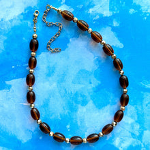 Load image into Gallery viewer, Brown Translucent Glass Statement Necklace, Chunky Beaded Necklace, brown beaded necklace, 1 single strand, dark deep OOAK gold layering