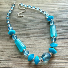 Load image into Gallery viewer, Vintage blue neutral long Necklace, beaded resin jewelry, colorful necklace jewelry silver aqua light blue bead