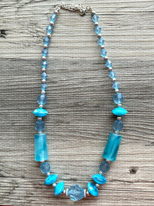 Vintage blue neutral long Necklace, beaded resin jewelry, colorful necklace jewelry silver aqua light blue bead