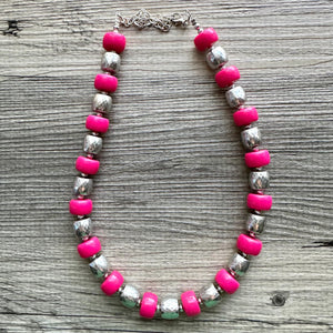 Pink & Silver Chunky Statement Necklace, Pink geometric beaded jewelry, single Strand Bib Necklace, lipstick pink hot pink magenta gray