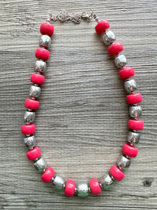 Pink & Silver Chunky Statement Necklace, Pink geometric beaded jewelry, single Strand Bib Necklace, lipstick pink hot pink magenta gray