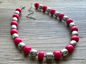 Pink & Silver Chunky Statement Necklace, Pink geometric beaded jewelry, single Strand Bib Necklace, lipstick pink hot pink magenta gray