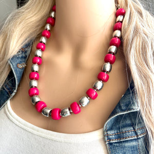 Pink & Silver Chunky Statement Necklace, Pink geometric beaded jewelry, single Strand Bib Necklace, lipstick pink hot pink magenta gray