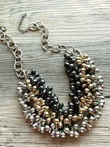 Metallic Goddess chunky statement necklace, big beaded jewelry, gifts for women bib jewelry Multi-Strand gold silver black new years eve