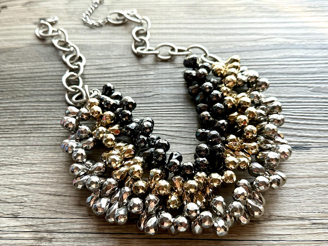 Metallic Goddess chunky statement necklace, big beaded jewelry, gifts for women bib jewelry Multi-Strand gold silver black new years eve