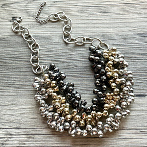 Metallic Goddess chunky statement necklace, big beaded jewelry, gifts for women bib jewelry Multi-Strand gold silver black new years eve