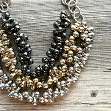 Load image into Gallery viewer, Metallic Goddess chunky statement necklace, big beaded jewelry, gifts for women bib jewelry Multi-Strand gold silver black new years eve