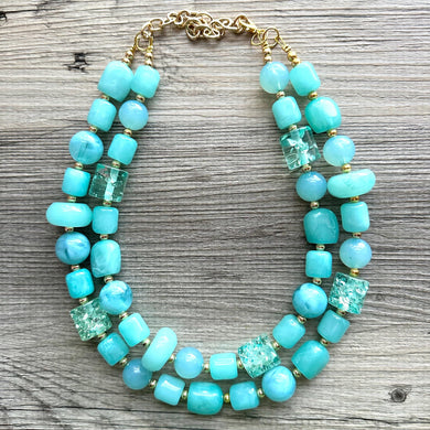 Aqua Blue Double Strand Statement Necklace, Chunky light blue Oval Beaded Bib Jewelry, blue jewelry, baby blue jewlery necklace