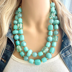 Aqua Blue Double Strand Statement Necklace, Chunky light blue Oval Beaded Bib Jewelry, blue jewelry, baby blue jewlery necklace